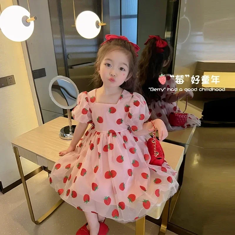 Summer Floral Girls Dresses Strawberry Short Sleeved Children's Clothing O-Neck Party Princess Dresses Vestidos kids clothes