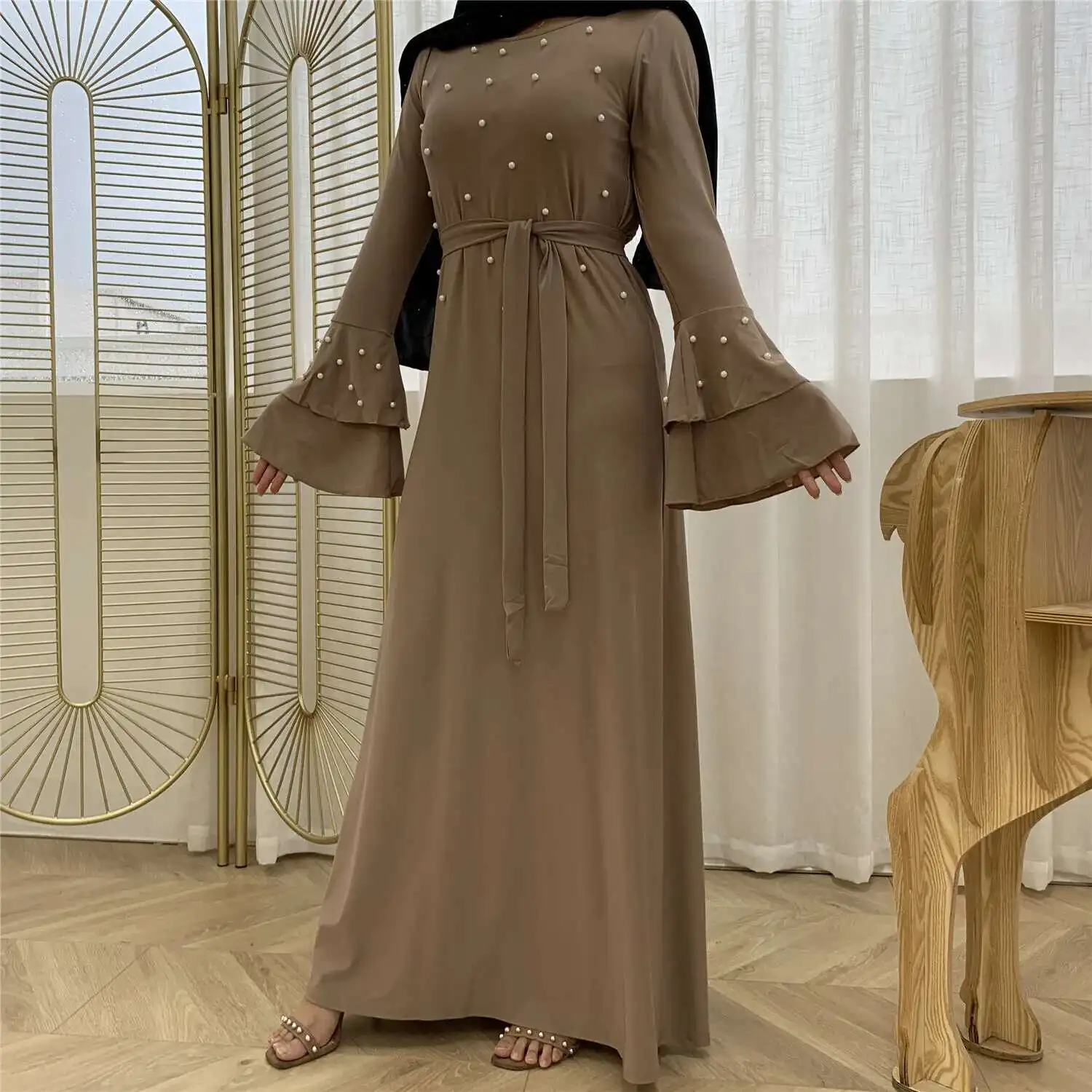 

Модное многослойное платье с роговыми рукавами, модное тонкое платье с длинными рукавами и шнуровкой для ногтей, 6051, Абая Рамадан, Дубай, роскошное исламское элегантное платье