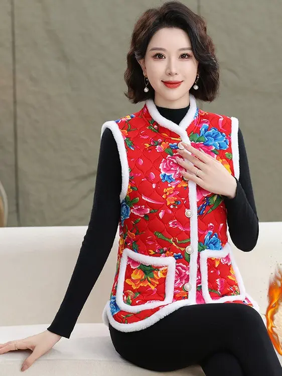 

Утепленный жилет с цветочным принтом в этническом стиле для женщин среднего и старшего возраста, модный белый жилет с узором в горошек