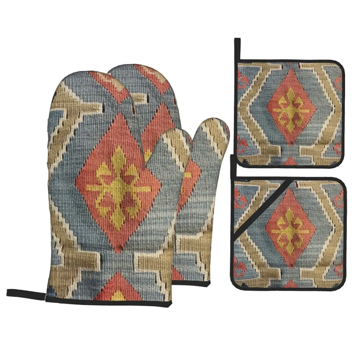 

Navaho Weave Turkish Ethnic Kilim Oven Mitts and Pot Holders Sets of 4 High Heat Resistant Cooking Baking Gloves for Kitchen BBQ
