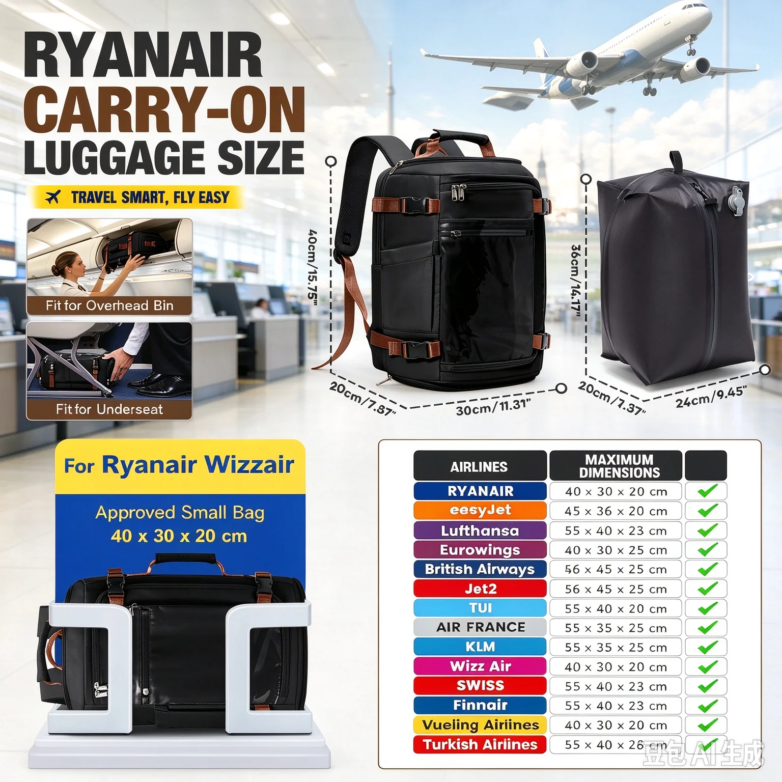 Ryanair 40x30x20 Hand Luggage Backpack Cabin Bag Vacuum Compression Backpack Laptop Business Backpack Men Vacuum Storage Bag