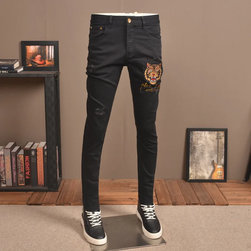 Men'S Black Ripped Patch Jeans Stretch Slim High-End Embroidered Hot Drill Street Casual Cotton Denim Pants