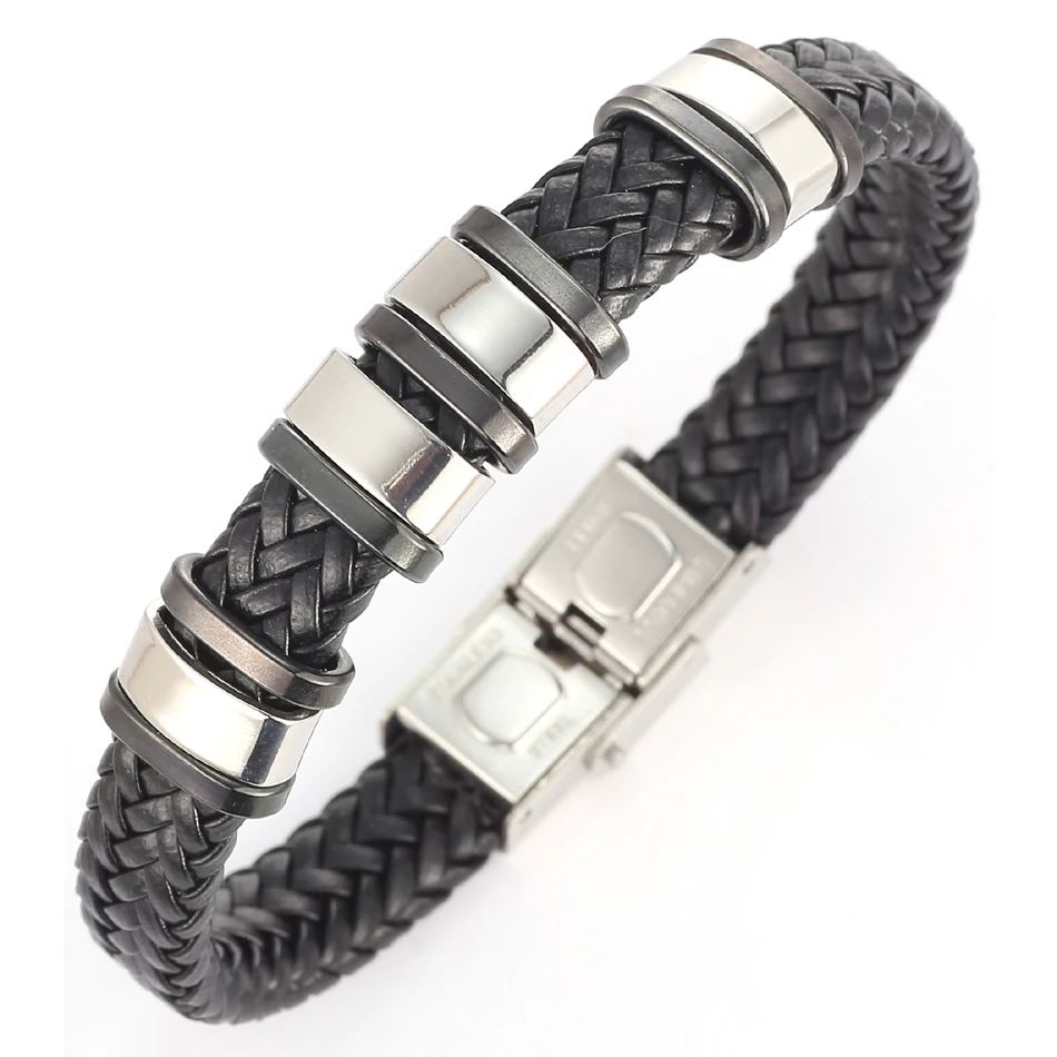 Match-Right Men\'s Leather Bracelets Metal Bracelet Cuff for Men Stainless Steel Bracelets Smooth Bangles Men\'s Wristband BR012