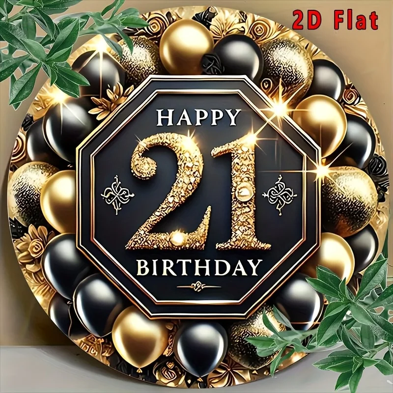 [2D Flat] A 2D Flat One-Piece Round Vintage Metal Wall Sign Measuring 21 Inches, Featuring a Shiny Design with Golden And Black