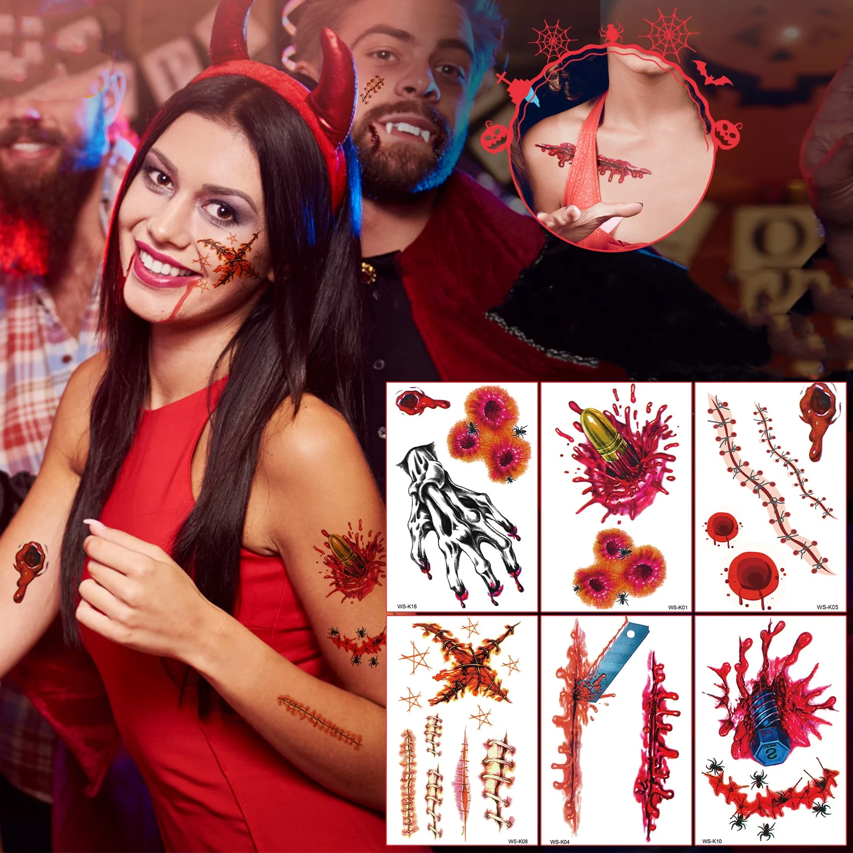 

5pcs Halloween 3D Fake Scar Temporary Tattoo Stickers Body Face Realistic Scab Horror Wound Bloody Party DIY Make Up Stickers