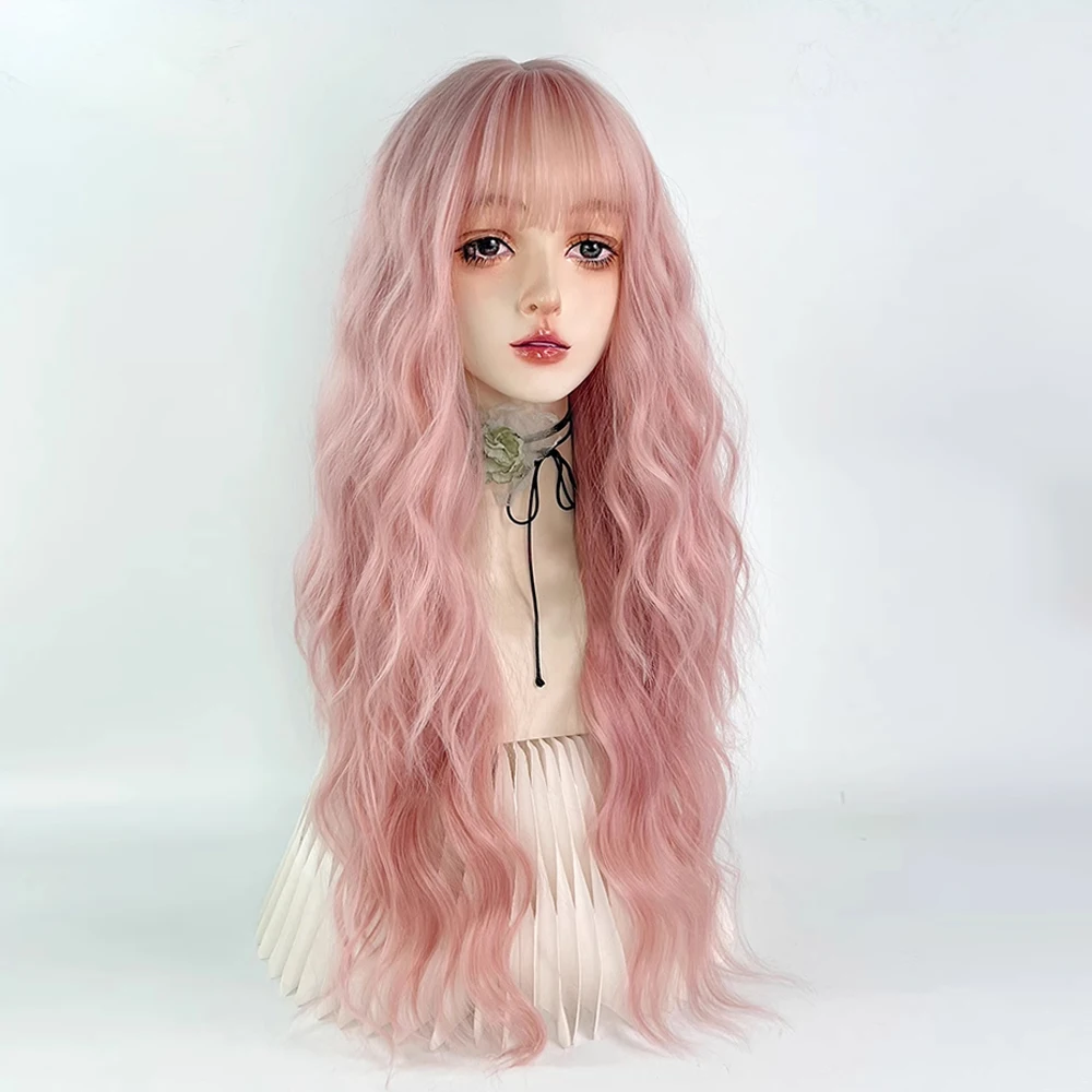 شعر مستعار صناعي طويل مموج وردي مع الانفجارات شعر مستعار لوليتا نسائي منفوش مقاوم للحرارة للحفلات التنكرية اليومية #3