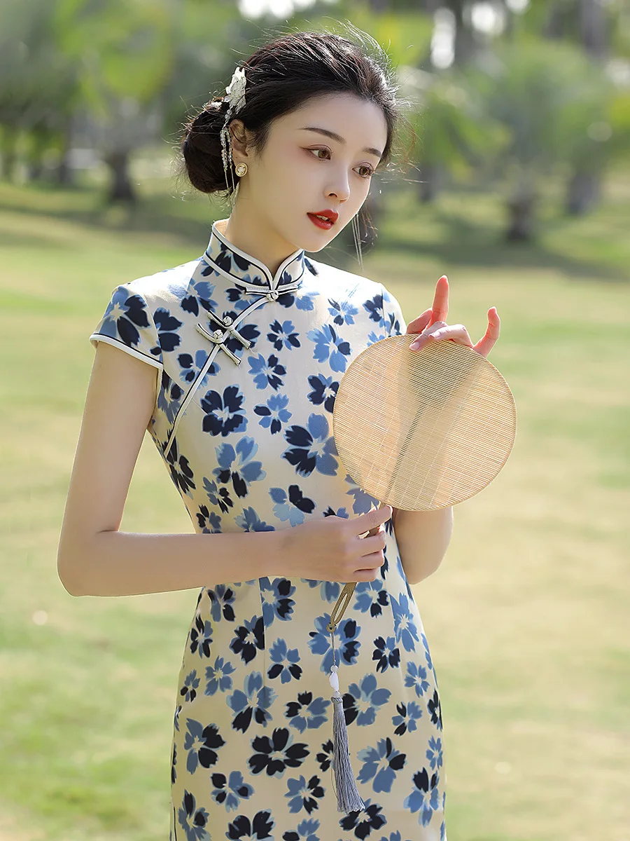 High Quality Real Silk Qipao Cheongsam Top Skirt Vintage Women Evening Wear Traditional Clothing Waist-Tight Banquet