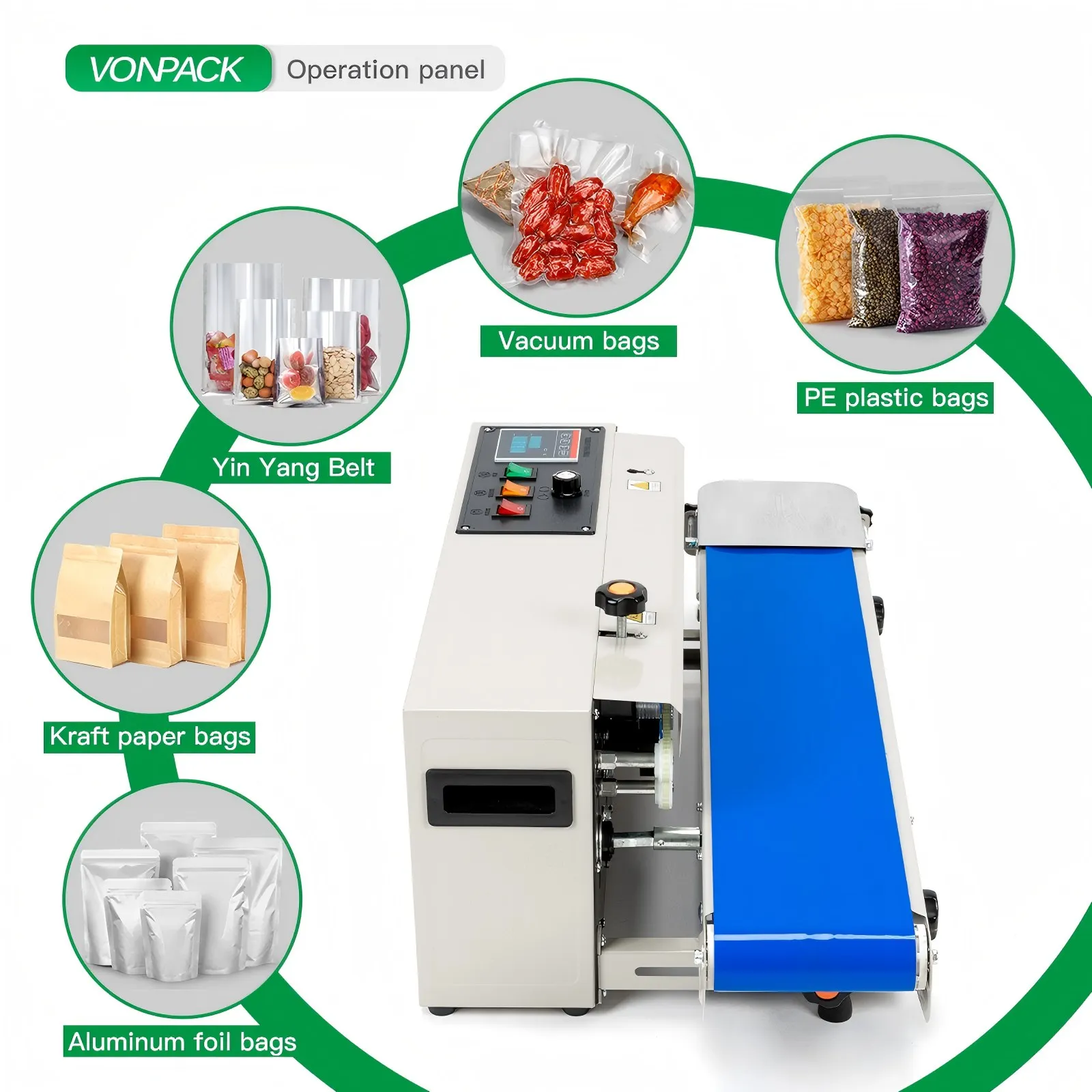 VONPACK FR-900 Automatic Horizontal Plastic Bags Film Heat Sealing Continuous Band Sealer Machine Emergency Stop Counter