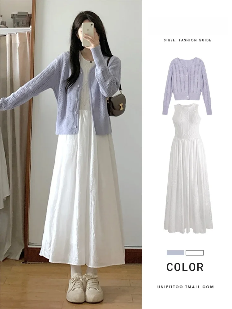 

Новинка! Женское трикотажное платье Ele White Dr Set с высокой талией, А-силуэт, длинный рукав, в корейском стиле, ранняя осень 2025, суперпопулярное.