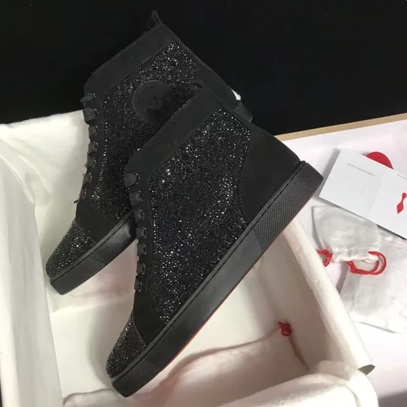 Men's High Top Board Shoes With Rhinestones, Full Diamond Rivets, Lace Up Flat Bottom Casual Shoes, Couple's Shoes, Women's Shoe