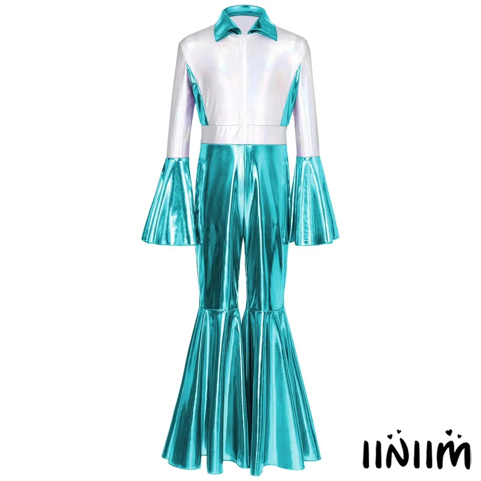 

Kids Girls 70s Disco Jumpsuit Metallic Sparkle Flare Pants with Bell Sleeves And Front Zipper for Jazz Theme Party Costume