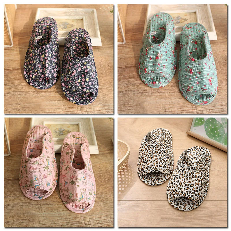 1 Pair Vintage Floral Home Shoes Slippers Women Cotton Fabric House Slipper Sewing Comfortable Indoor Soft Travel Flat Shoes