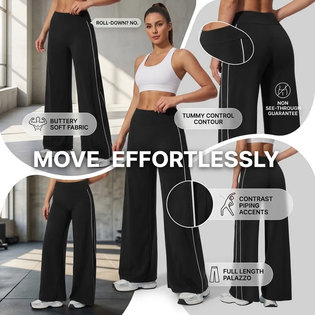 High Waist Wide Leg Yoga Pants for Women Contrast Piping Flowy Palazzo Trousers Buttery Soft Tummy Control Casual Lounge Pants