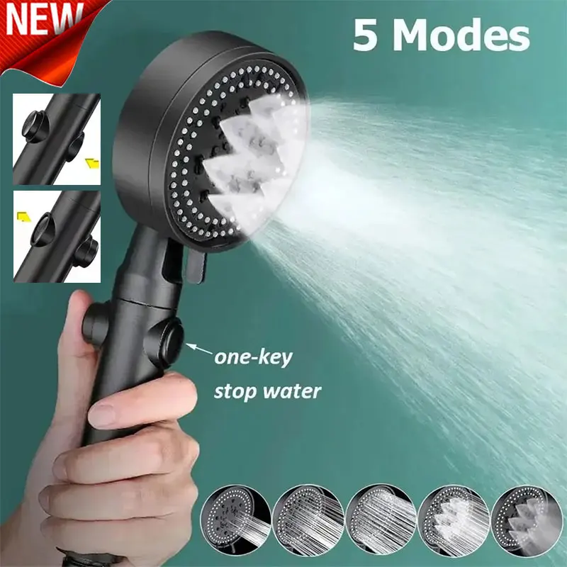 

White And Black High-pressure Shower Head With 5 Adjustable Modes Hose Holder Water-saving One Click Nozzle Bathroom Accessories
