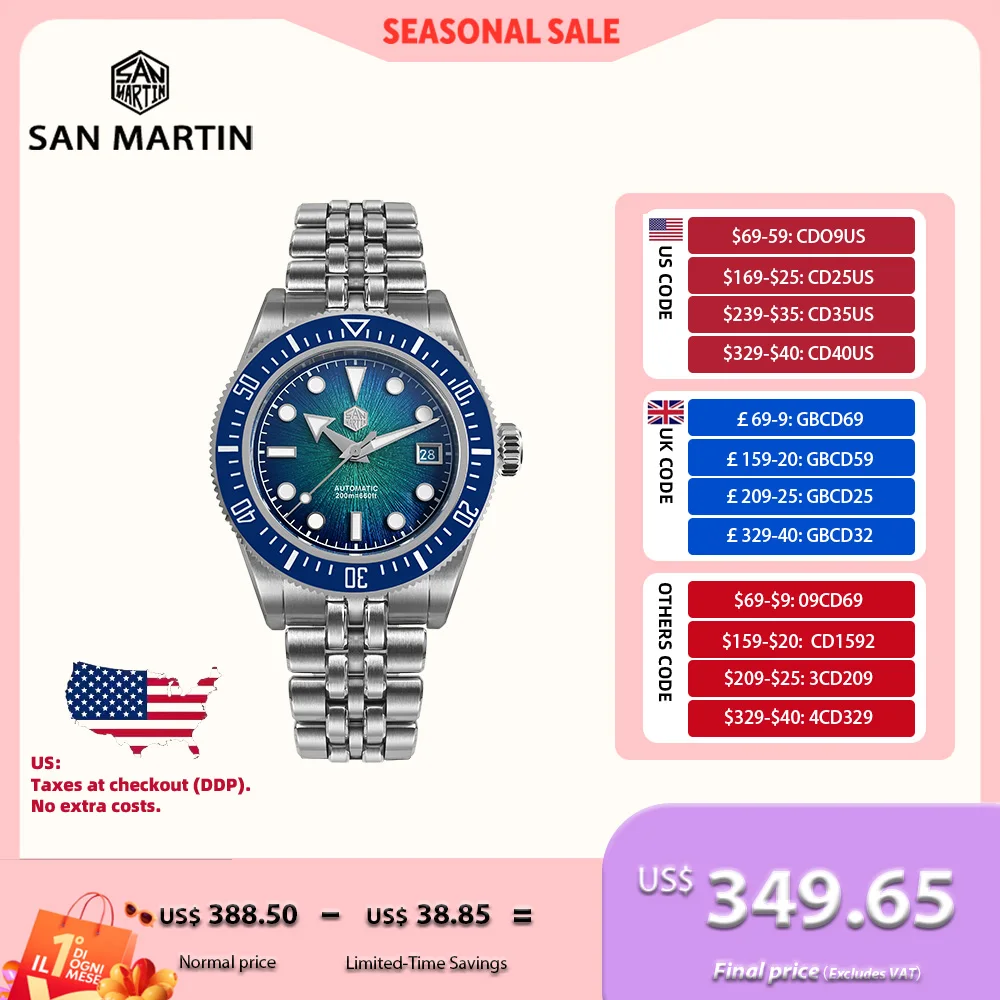 

San Martin 37.5mm 9015 Enamel Gradient JianZhan Dial Mechanical Watch Self-Wind BGW-X1 Luminous Sapphire Glass 20Bar SN0148GX