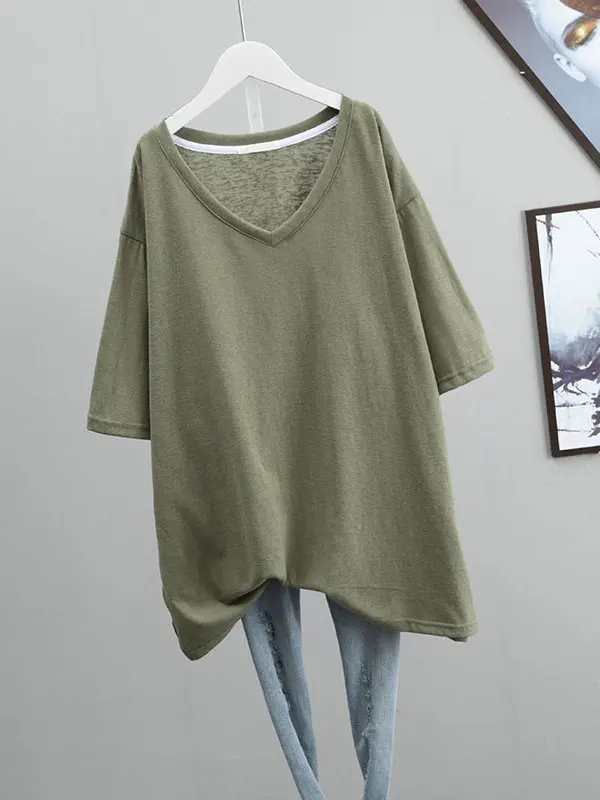 Damska koszulka letnia plus size z dekoltem w serek, luźny krój, czysta bawełna, koreański styl, prosty top, jednolity kolor, do pracy.