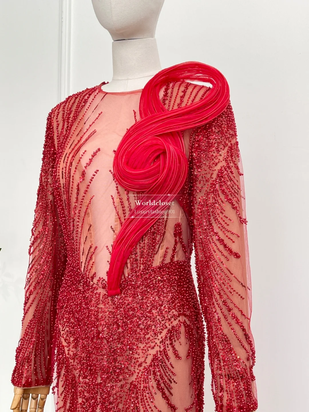 

2025 новые женские красные прозрачные платья макси с блестками и длинными рукавами и круглым вырезом для вечеринки