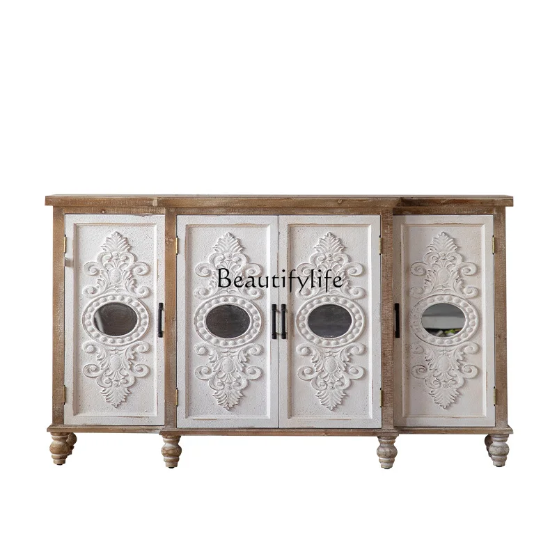 

French retro carved storage locker solid wood entrance foyer entrance cabinet
