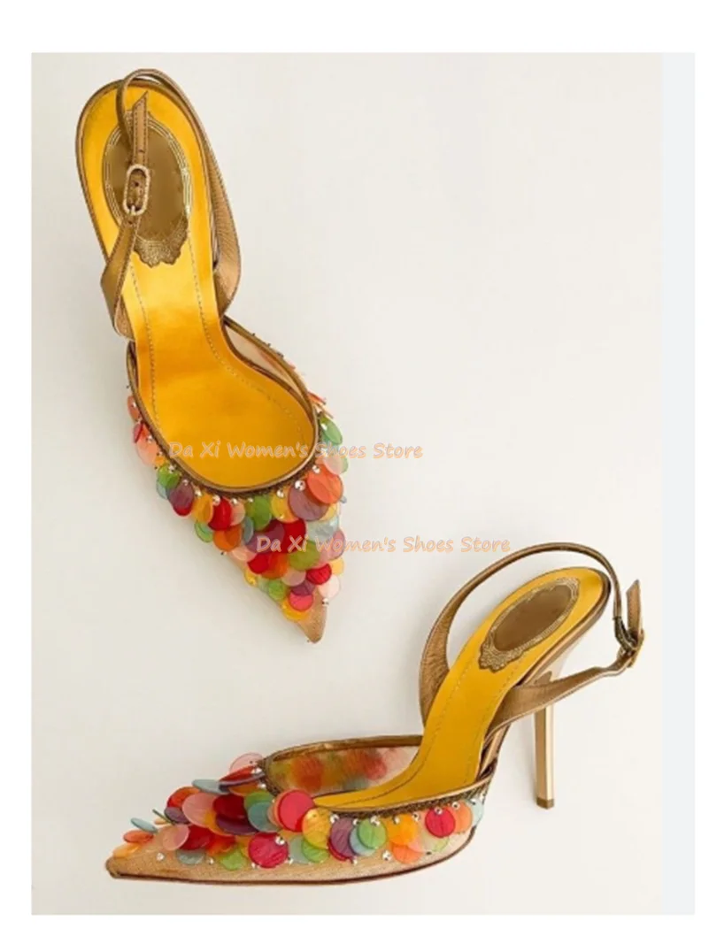 Pointed bare heels High heel color shell sequins tassel decorate stilettos sandals luxurious luxurious wedding party High heel