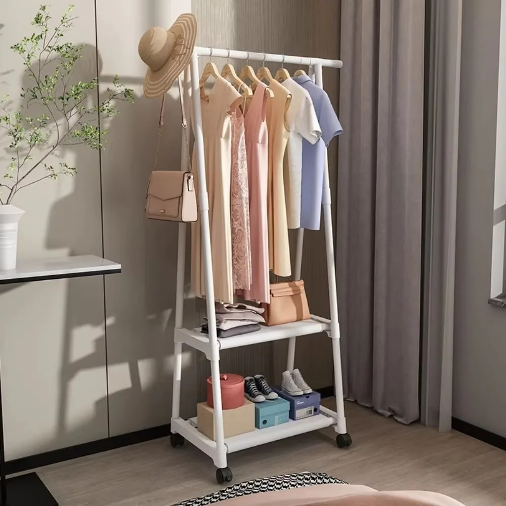 Mobile Clothes Rack Double-layer High-capacity Clothing Organization Household Storage Racks with Pulley Floor Type Simple Shelf