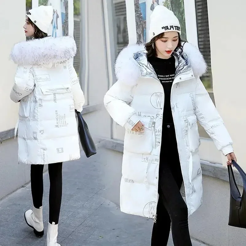 Jacket Womens 2023 New Winter Fashion Glossy White  Coat Hooded Loose Parka Long Thick Female Printing Outerwear