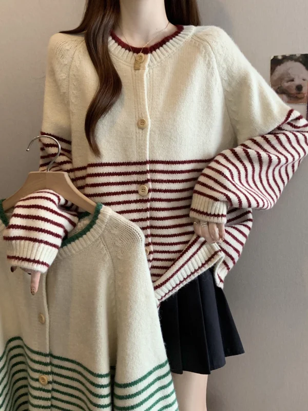 

plus Size Women's Vintage Striped Knitwear Coat Loose Casual Autumn Winter New Style Slimming Lazy Style Top Open Cardigan