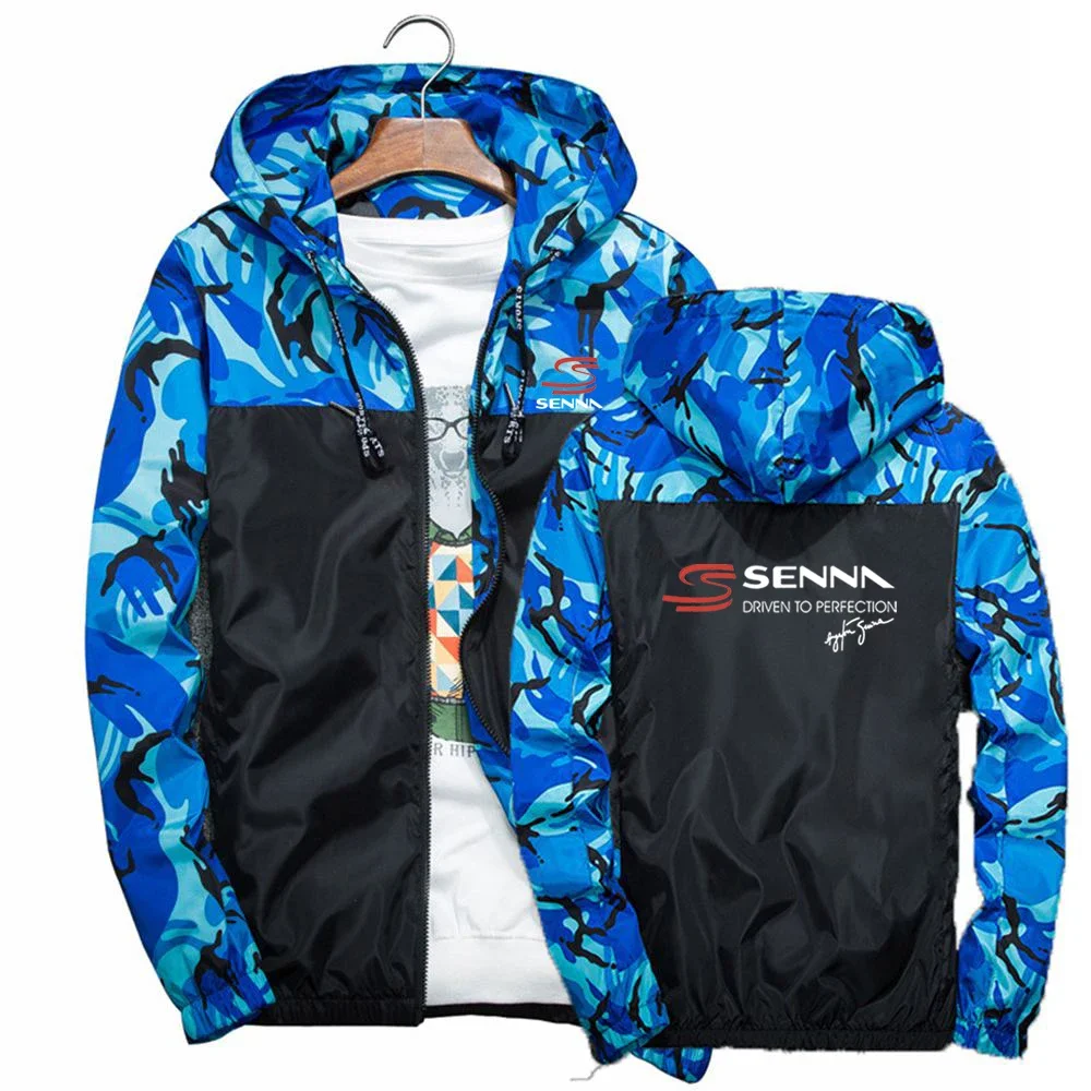 

2024 Spring Autumn Men's Ayrton Senna Logo Printing Popular Camouflage Patchwork Outdoor Waterproof Windproof Hooded Jacket Coat