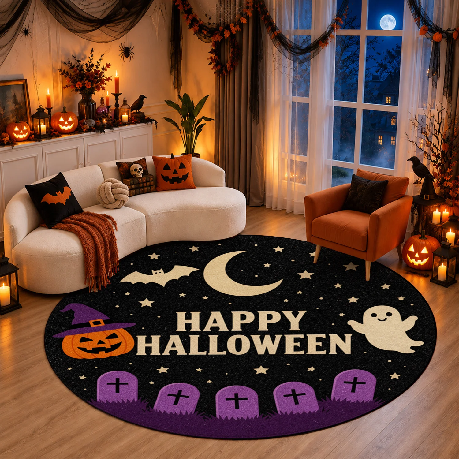 Halloween Pumpkin Ghost Bat Moon Tombstone Star Pattern Round Velvet Mat Machine Washable for Entryway Living Room Bedroom Ideal for Halloween Thanksgiving Black Friday Christmas New Year