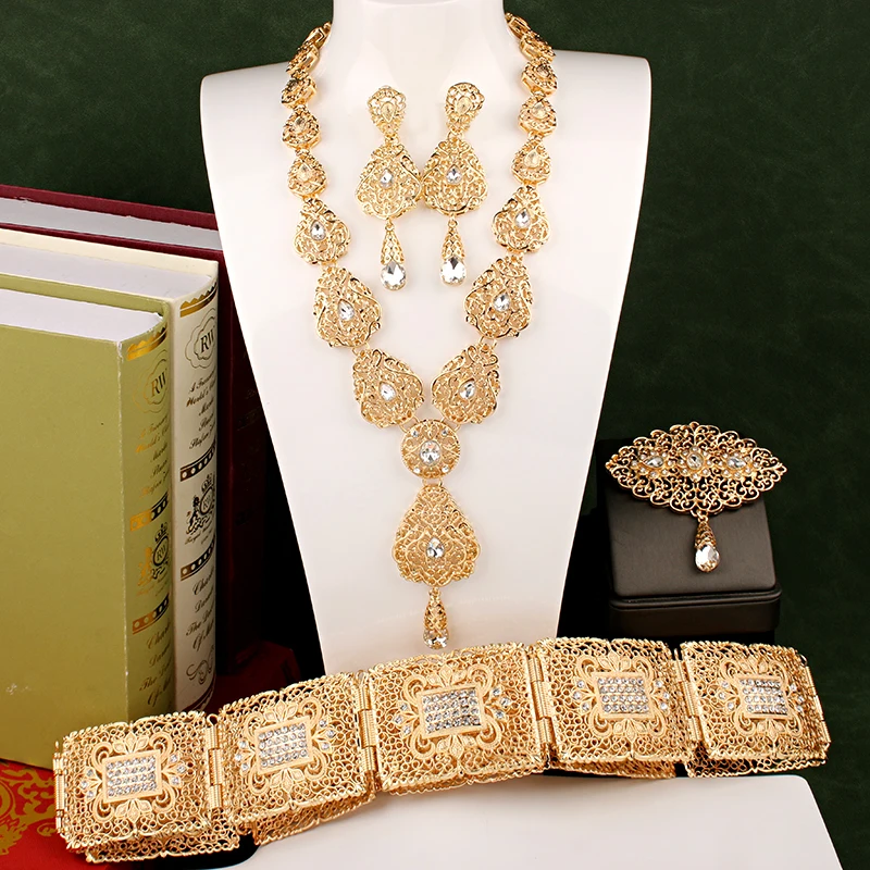 Luxury Gold Plated Moroccan Caftan Wedding Jewelry Set Ethnic Bride Accessory Crystal Muslim Sets Royal Mother Day Gifts