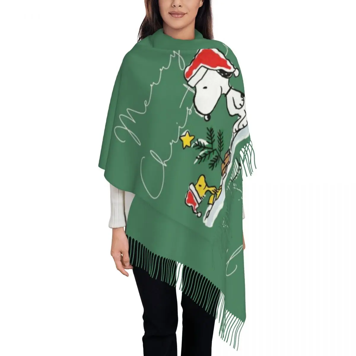 Custom Merry Christmas S-Snoopys Tassel Scarf Women Soft Shawl Wrap Lady Winter Scarves