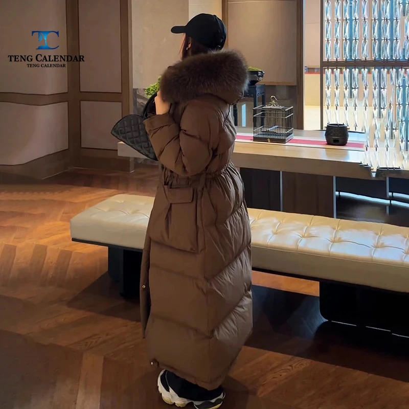 Big Fur Collar Down Jacket, Extended Knee To Ankle Thick Waist Cinched White Duck Down Jacket, Women's 2024 Winter New Style