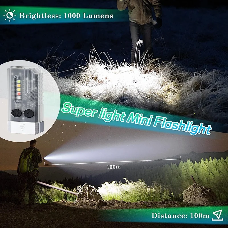 1 قطعة سلسلة مفاتيح صغيرة LED مصباح يدوي ، 1000LM صغيرة قوية الشعلة IPX4 مع 14 وسائط