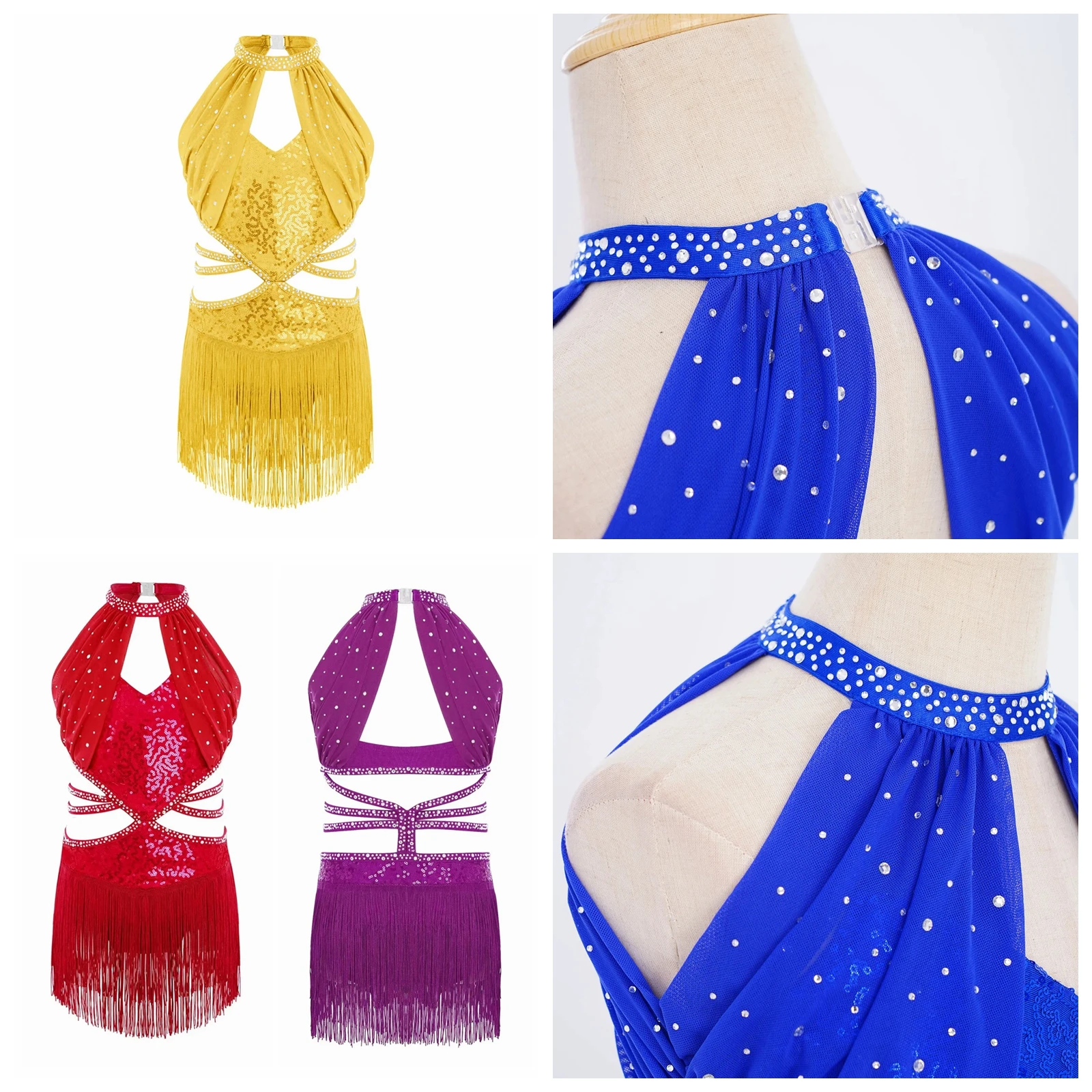 Vestido de Baile Latino para Niñas, Samba, Salsa, Jazz, Tango, sin Mangas, con Malla Superpuesta, Recortes, Borlas y Lentejuelas, Estilo Cha-cha