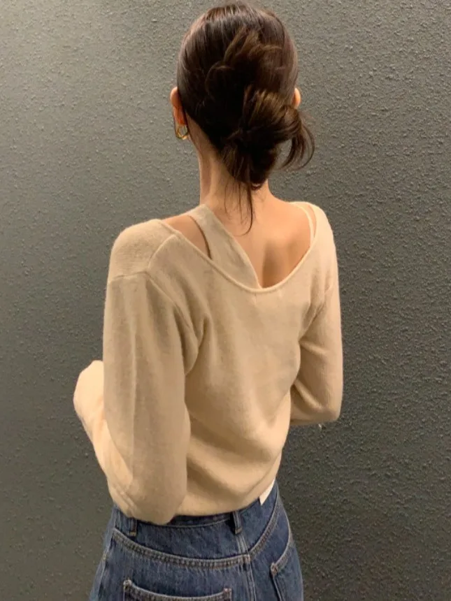 

Chic Early Spring Knitted Sweater Women's Soft Knot Tied Ne Piece Fake Two-Piece Versatile oulder Bared Top