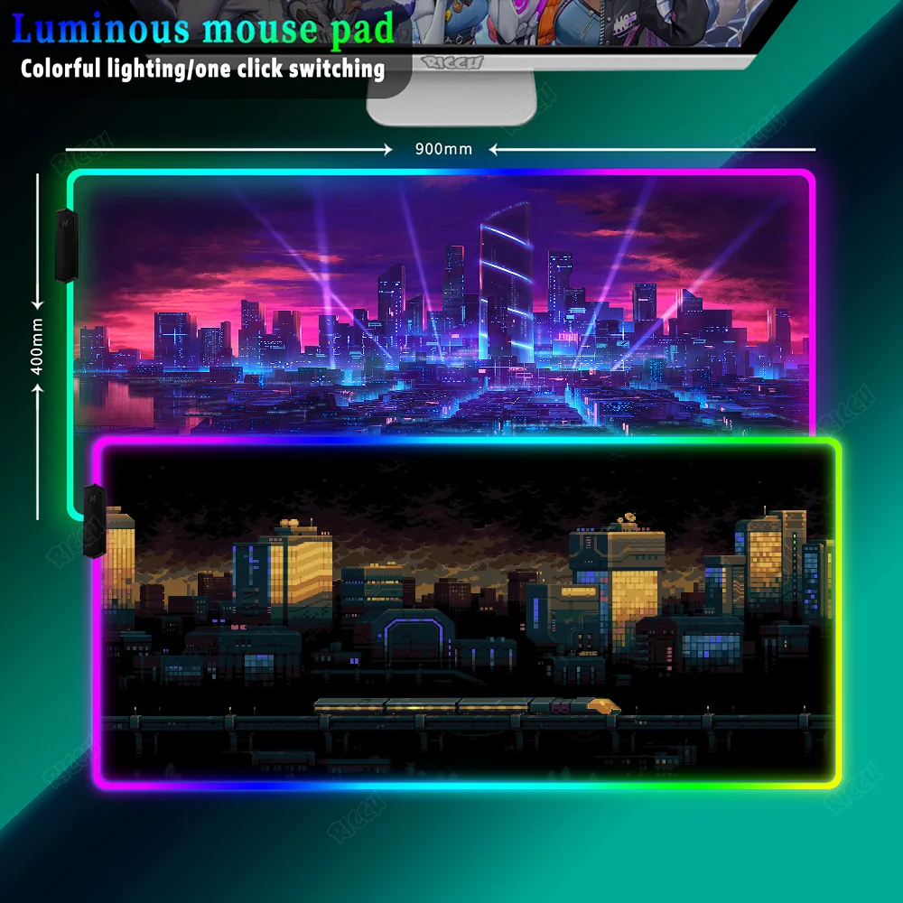 RGB Mouse Pad 900x400 Neon Pixel City Cartoon Xxl Mats Laptop Accessories Anime Large LED Mousepad Gamer Keyboard Mat Desk Pads