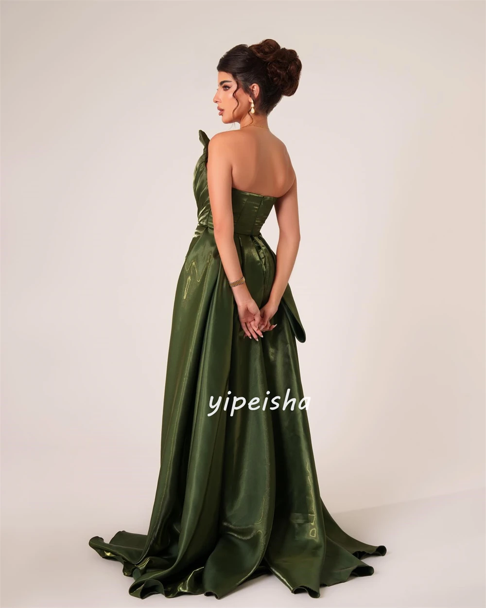 Customized Elegant Satin Sequined Pleat Straight Strapless Midi Dresses Celebrity Dresses Chinese Style Unisex Pastrol Matching 