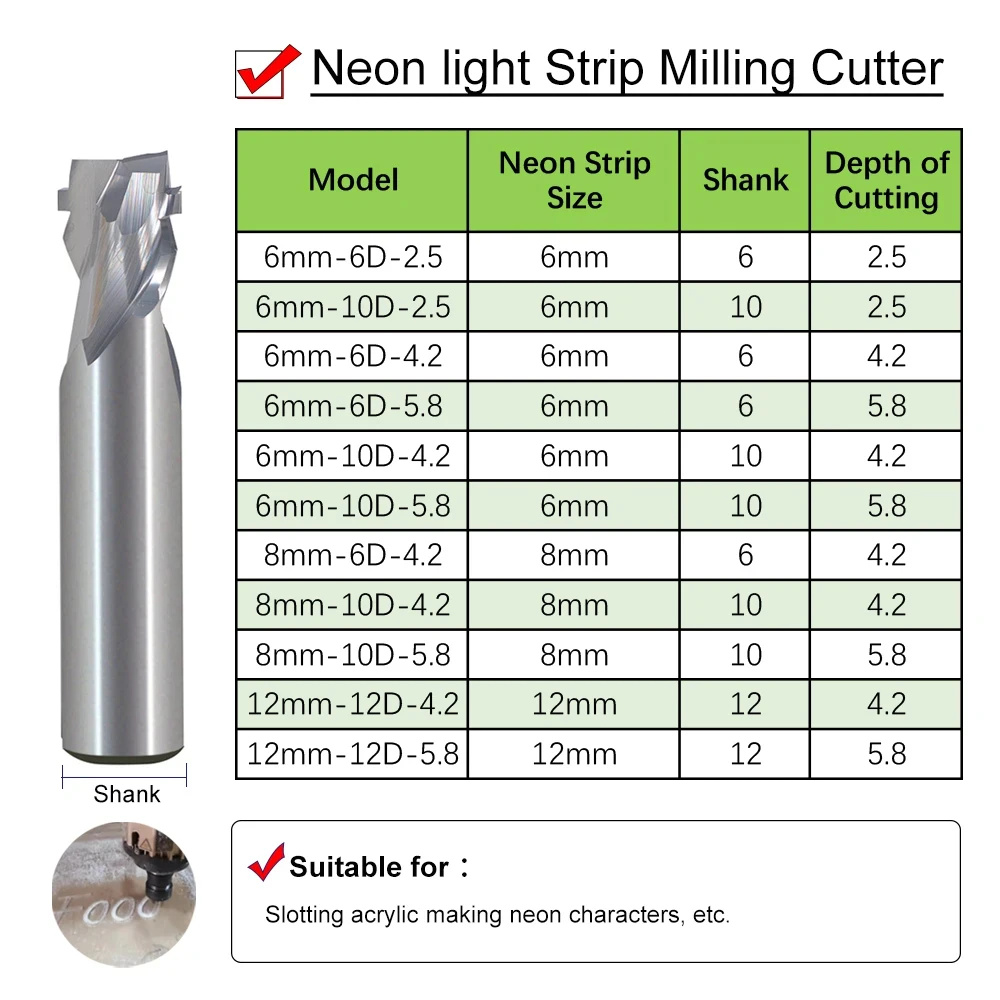 1PCS LED Lights Neon Milling Cutter Tungsten Steel Advertising Words Light Strip Engraving Cutter 6mm 10mm 12mm Slotting Tools