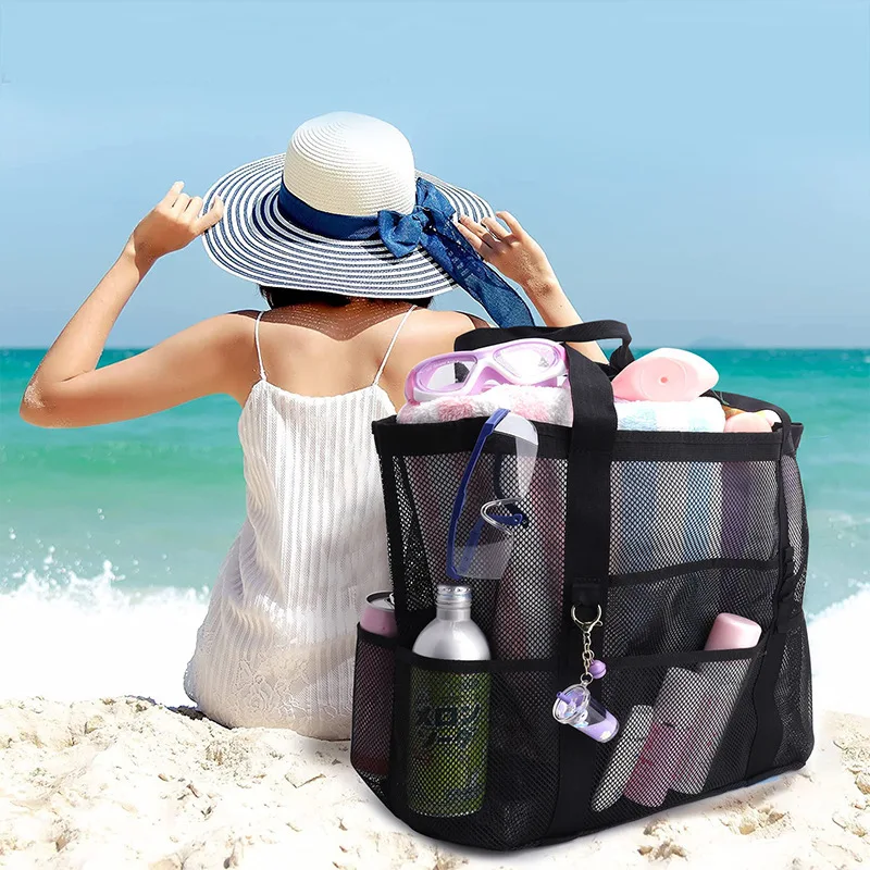 New Arrival Hot Sell Mesh Beach Bag, Large Beach Tote with Zipper Pocket for Family Pool Bag for Toys & Vacation Essentials