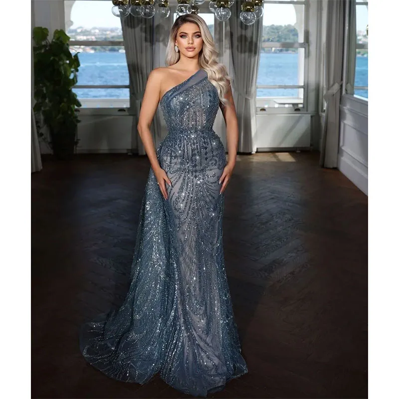 Customize Luxury Mermaid Evening Dresses Sleeveless 3D Lace One Shoulder Beaded Appliques Sequins Floor Length Prom Dresses