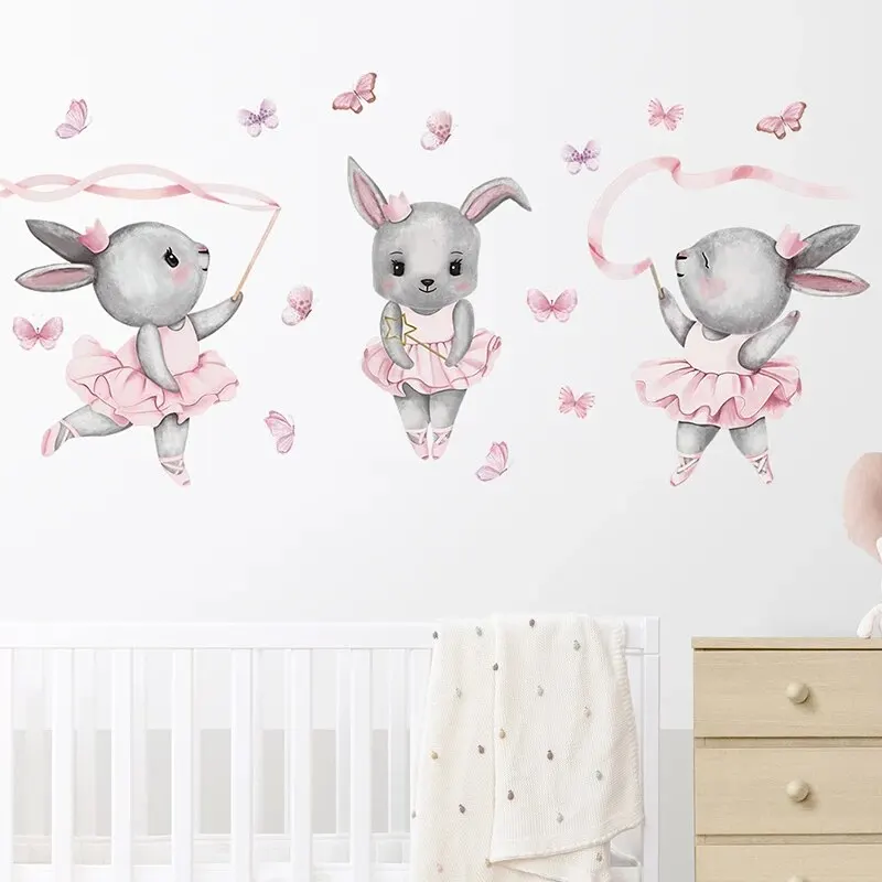 Cartoon Three Gray Rabbits Dancing Ballet Butterfly Wall Stickers for Kids Room Bedroom Nursery Home Decoration Wall Decal