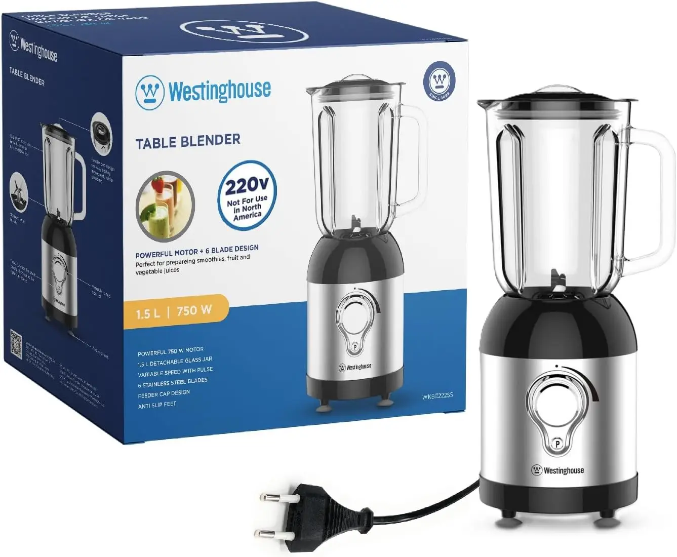 

Westinghouse 220 Volts Blender WKBE222SS - 500/600 Watts - 1.5 Liter Glass Jar - Variable Speed With Pulse Function - Bundle Wit