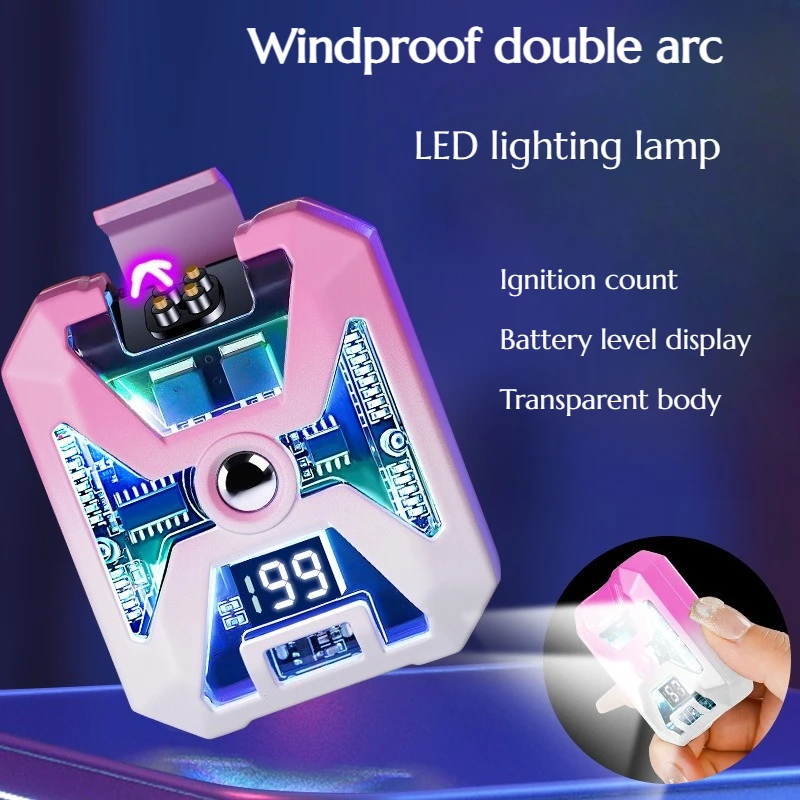 Metal Hollowed-out Mech Charging Dual Electric Arc Lighter with Digital Display LED Lighting Premium Gift With gift box
