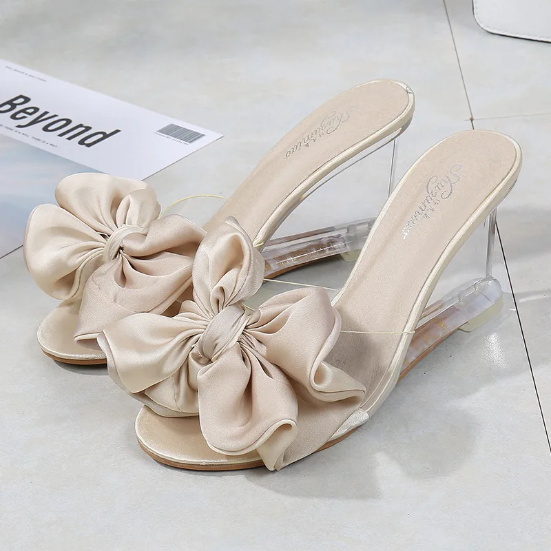 Womens High Heels Summer Wild Women\'s Sandals Simple Bow-knot Wedge Transparent Slippers Luxury Shoes Women Designers