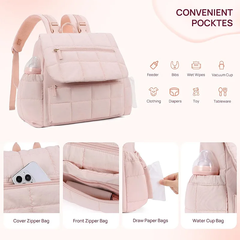 Quilted Puffy Diaper Backpack Mommy Bag, Large Capacity Baby Nappy Bag with Changing Mat, Multi Pockets Travel Baby Bag