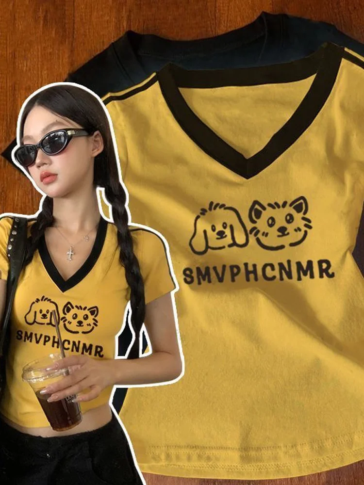 

Y2K Tops&Tees Japanese Cute Retro Early Flavor Grey Printed Fake Two Short Sleeved T-shirt Soft Cute Home Girl Tee New