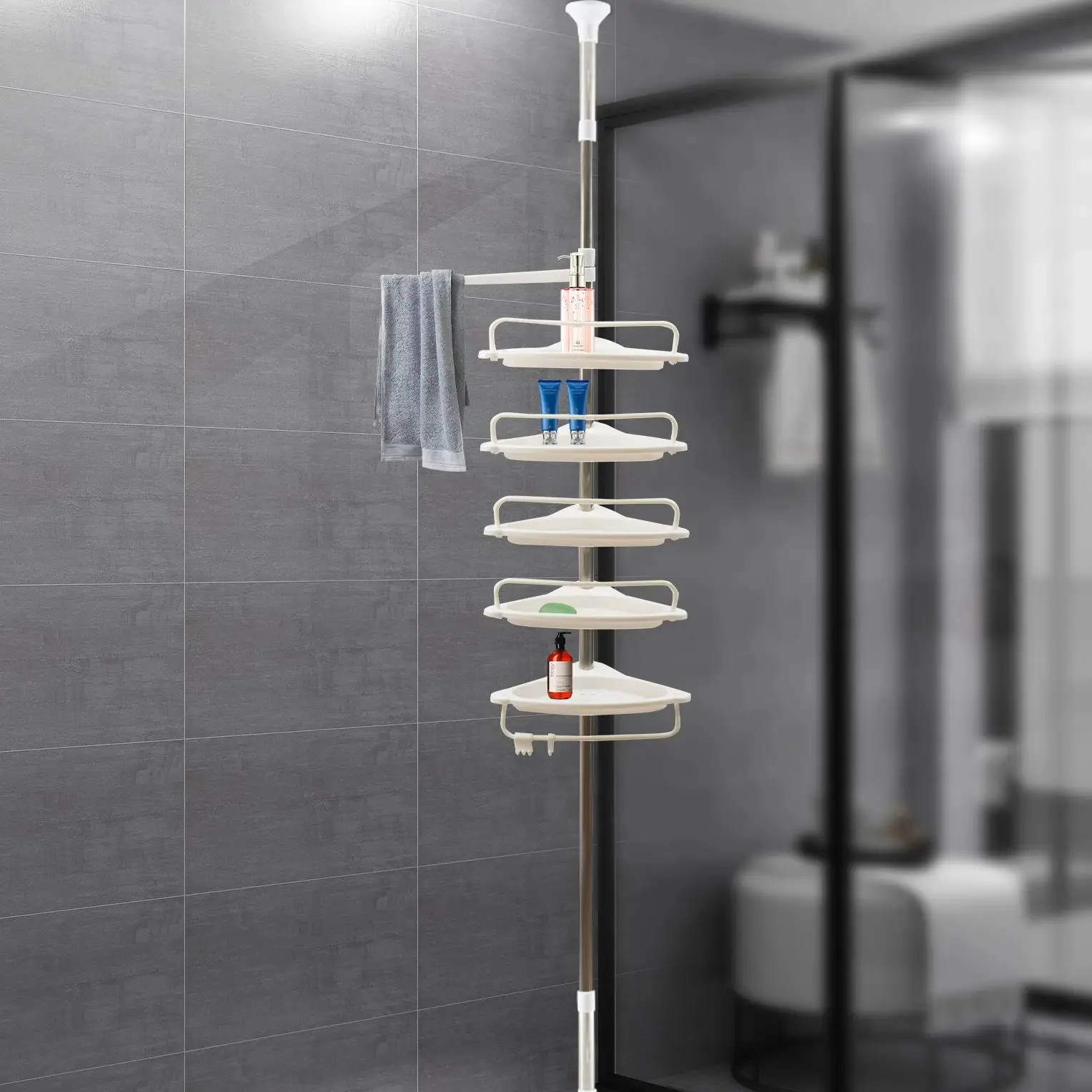 rustproof shower corner para banheiro banheira organizador de armazenamento shampoo acessorios 5 tier prateleiras ajustaveis com tensao 01