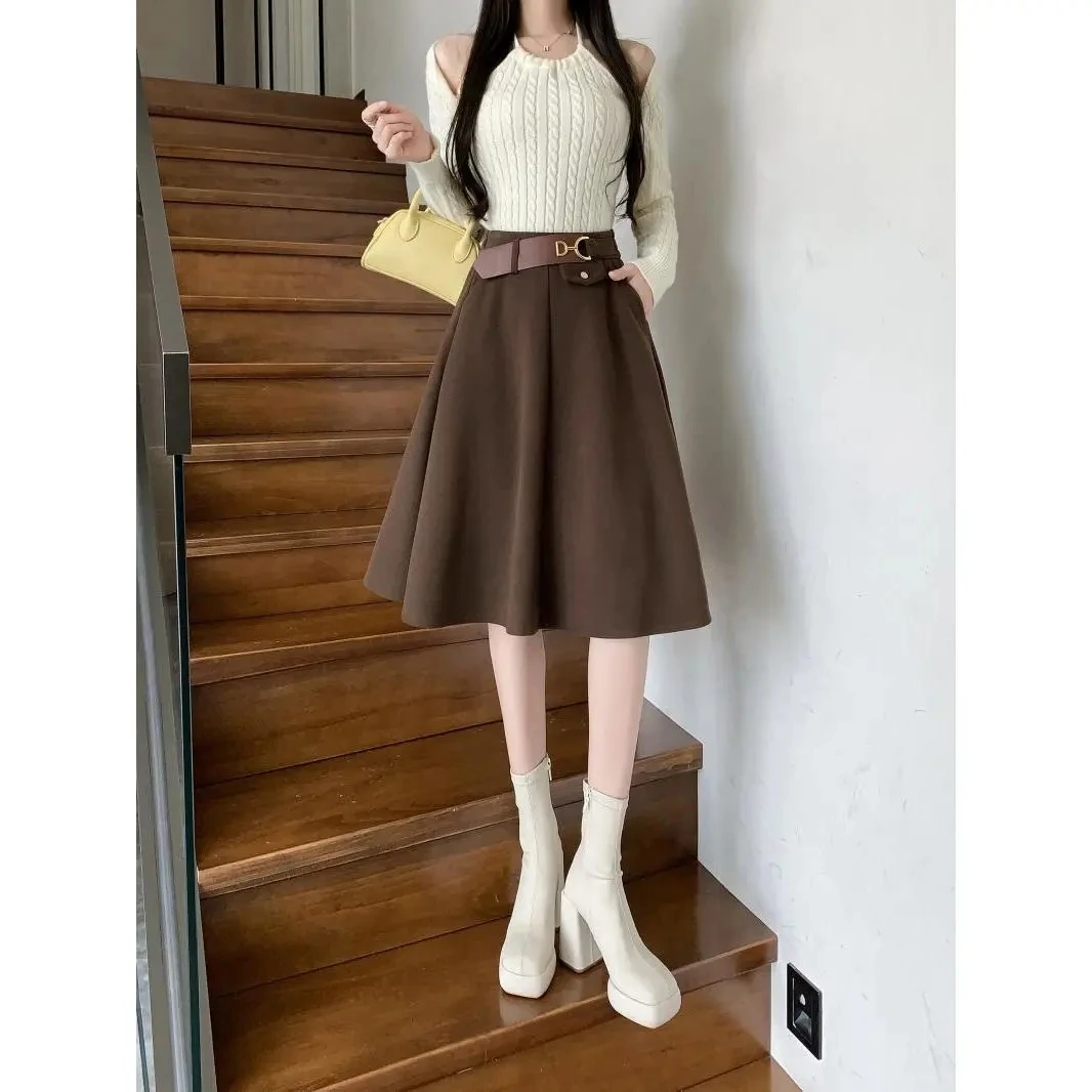 Hepburn Wind Rok Tweed Half-Body Rok Vrouwen Herfst Winter Nieuwe Middelste Rok Tot Knie Hoge Taille Temperament Rok Geplooide Rok