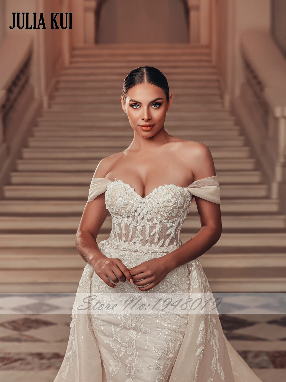 Vestidos de novia elegantes de tul brillante con hombros descubiertos, escote en forma de corazón, sirena, apliques bordados con cuentas, encaje, vestido de novia 2 en 1