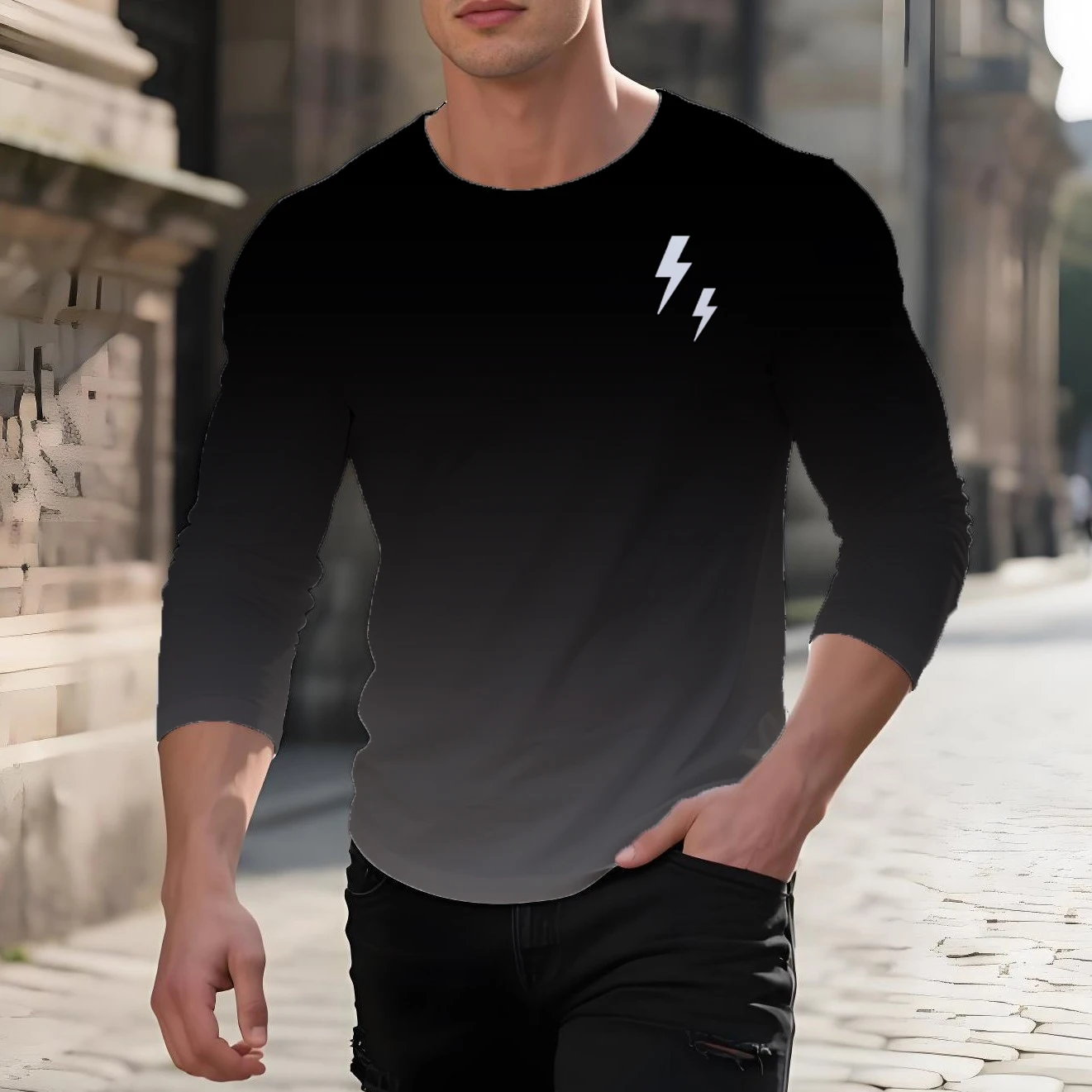 

Summer Simple Style Printed Men's Long Sleeve T-Shirt Creative Casual Shirt Street Retro Trend O Collar Loose Quality Clothing