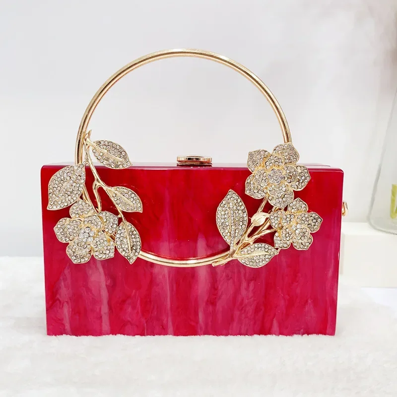 

2024 New Acrylic Handbags Ladies Diamonds Leaves Flowers Evening Bags Handheld Crossbody Party Wedding Women's Small Square Bags